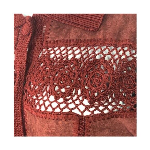 J. Jill Rustic Red Crochet Wool & Suede Patchwork Long Cardigan Sweater Jacket - Picture 13 of 16